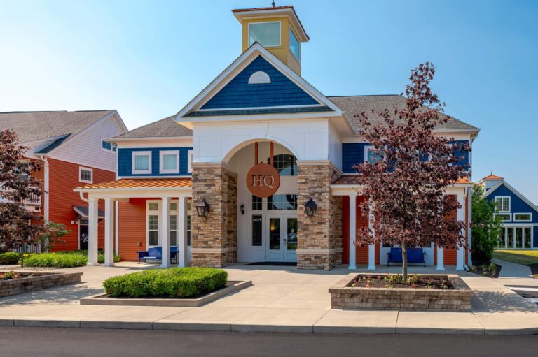 The front exterior of the leasing office at District at Linworth apartments in Worthington.